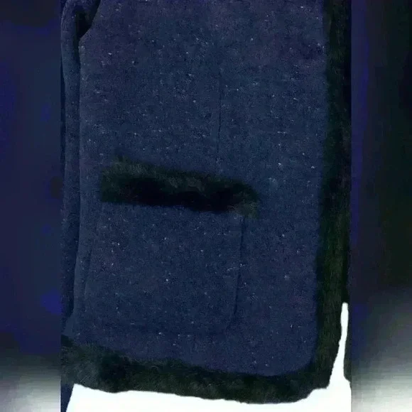Talbots Navy Blue Wool Knit Blend Black Faux-Fur Trim Shetland Jacket Si… - Picture 8 of 16